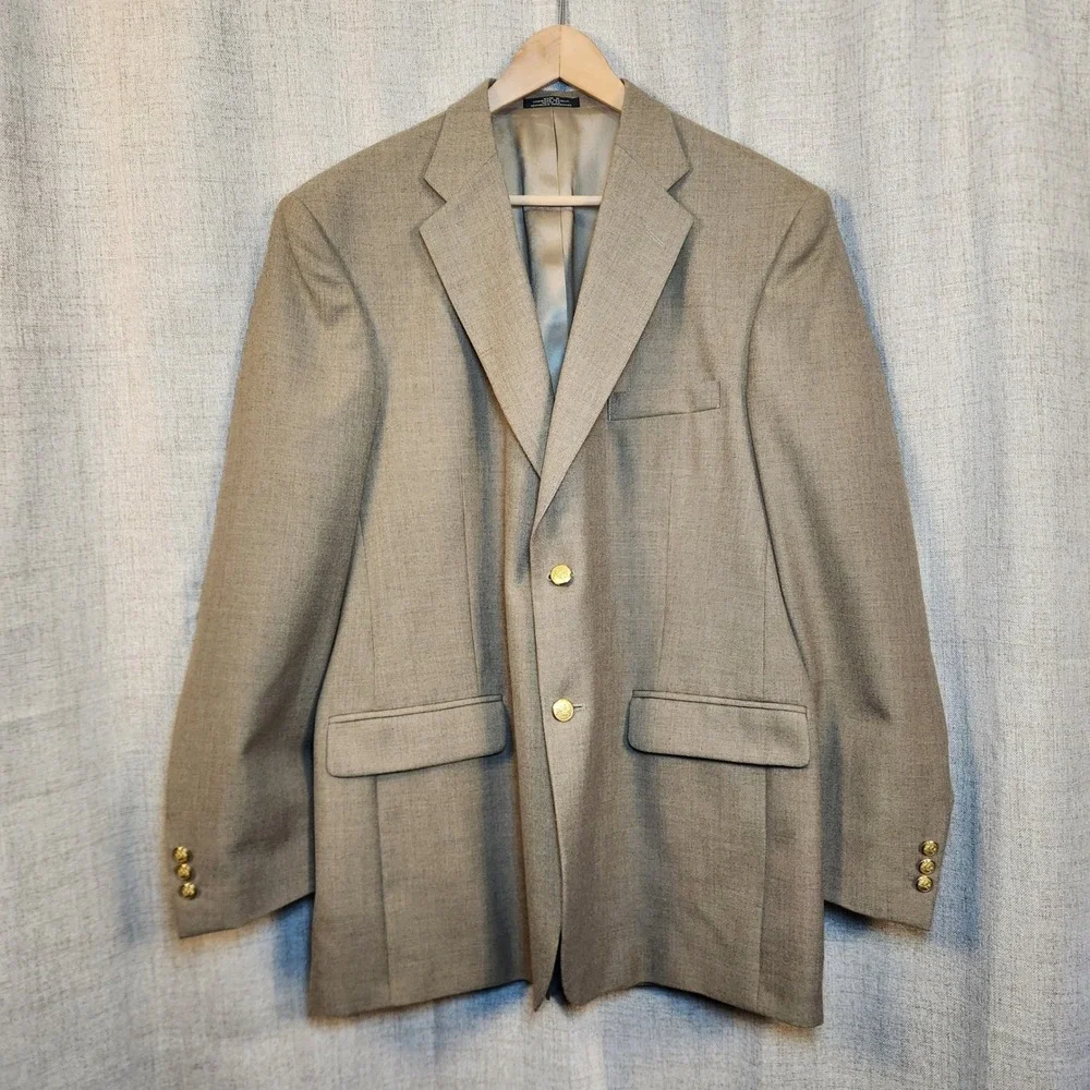 Stafford Worsted Wool Blend Sport‎ Coat Mens 44L Tan Brown Blazer Gold Buttons